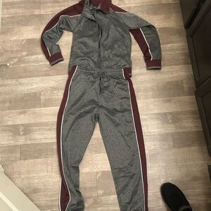 Gray and Maroon Tracksuit with White Stripes